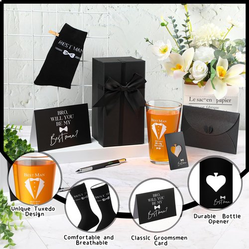 Qinyoung 7 Pcs Best Man Gifts Wedding Proposal Gift for Groomsman 16 oz Beer Glass Cup Bottle Cap Opener Socks Multi Tool Ballpoint Pen with Greeting Card Black Envelope Box(Best Man)