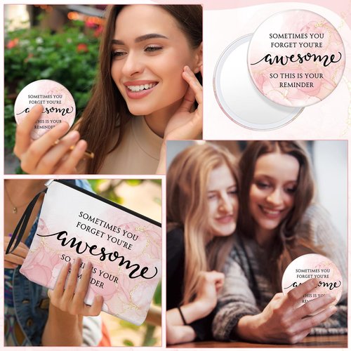 Beeveer 15 Sets Pink Thank You Gifts for Women, Inspirational Gifts Bulk for Female Client Teacher Employee Coworker, Sometimes You Forget You're Awesome Makeup Bags and Compact Mirrors for Party