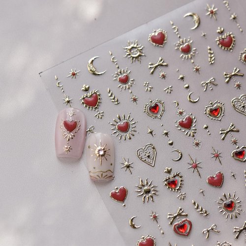 Heart Nail Sticker Decals Star Moon Nail Art Stickers with Diamond Design Red Blue Nails Decals 5D Embossed Self Adhesive Love Nail Charms for Women Girls Kid Manicure Supply Decoration Accessories