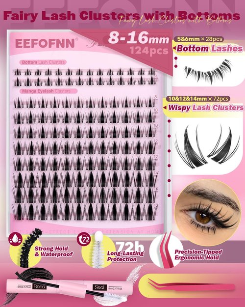 Manga Lash Clusters Kit Fairy Cluster Eyelash Extensions with Bottom Lashes Wispy Eyelash Clusters Kit Spiky Cluster Lashes 8-16mm DIY Lash Extension Kit with Lash Bond and Seal Tweeters by Eefofnn