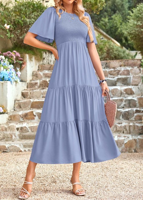 KIRUNDO Casual Summer Dresses for Women 2026 Flutter Short Sleeve Midi Dress Smocked Modest Church A Line Flowy Ruffle Tiered Dress Resort Wear(XX-Large, Light Blue)