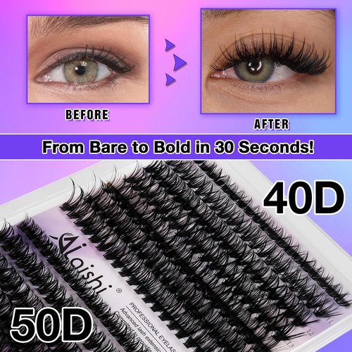 AILAISHI Lash Clusters Kit, DIY Cluster Eyelash Extensions 9‑16mm, 40D+50D, 280pcs Fluffy D Curl Natural Lashes with Bond & Seal,Remover,Tweezers,Brush–Fake Cat Eye Wispy Individual Clusters
