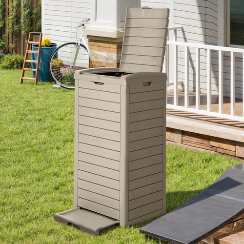 DWVO 38 Gallon Outdoor Trash Can - Waterproof Resin Garbage Bin with Lid & Drip Tray | Taupe