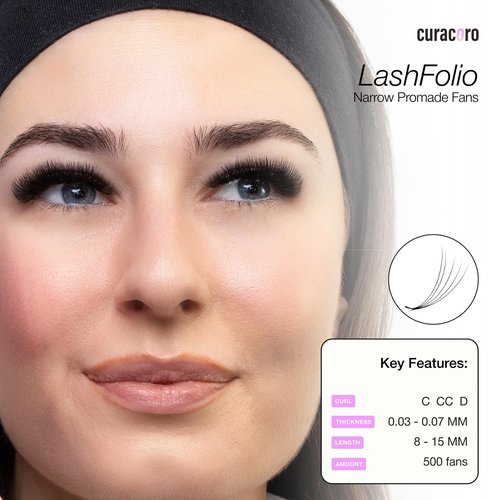 Curacoro LashFolio Narrow Promade Fans, 10D-0.03 CC Curl, 8mm-15mm Length, Handmade Volume Eyelashes, Professional Long-Lasting Promade Lash Fans