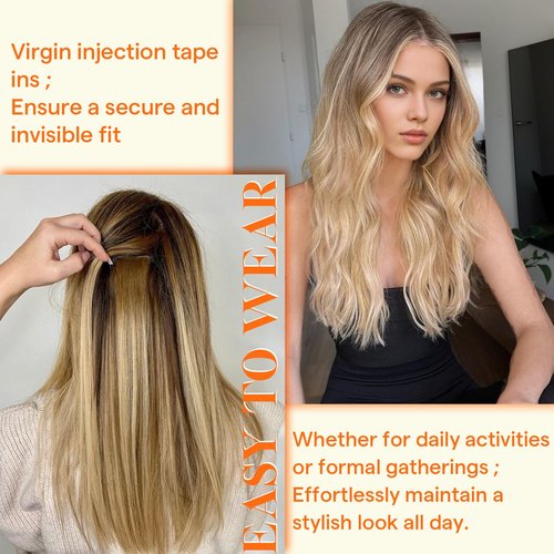 Full Shine Invisible Injected Tape in Hair Extensions Human Hair Color 3 Brown Fading to 8 And 22 Blonde Seamless Tape in Extensions 20Gram Machine Virgin Hair Extensions Tape ins 14Inch 10Pcs