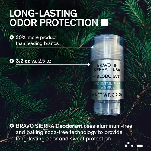Bravo Sierra Aluminum-Free Deodorant for Men - Natural Ingredients for All-Day Odor & Sweat Protection | Mountain Pine & Spice, 3.2 oz - Paraben & Cruelty-Free, Vegan