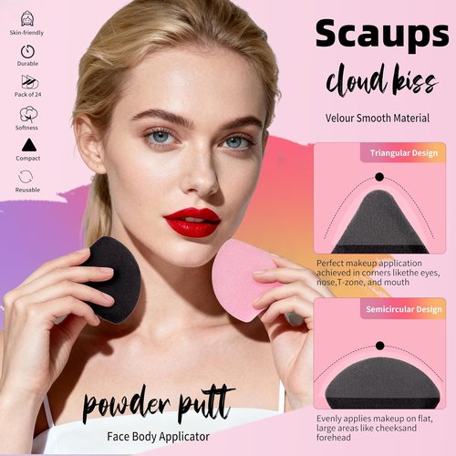 Skiennix 24Pcs Powder Puffs - Triangle Makeup Applicators for Flawless Foundation | Black & Pink