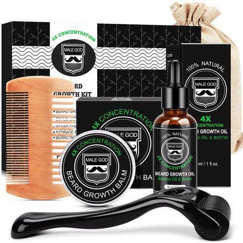 MALE GOD Beard Growth Kit, Beard Kit w/Upgraded Beard Growth Oil - Biotin and Batana Oil, Beard Growth Balm, Beard Massager for Spot/Patchy Beard, Birthday Gifts for Him Boyfriend Husband