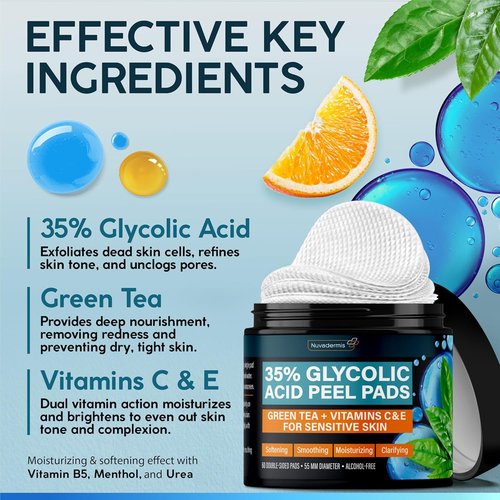 NUVADERMIS 35% Glycolic Acid Peel Pads - Exfoliating Facial Resurfacing for Blackheads & Dark Spots - 60 Double-Sided Pads
