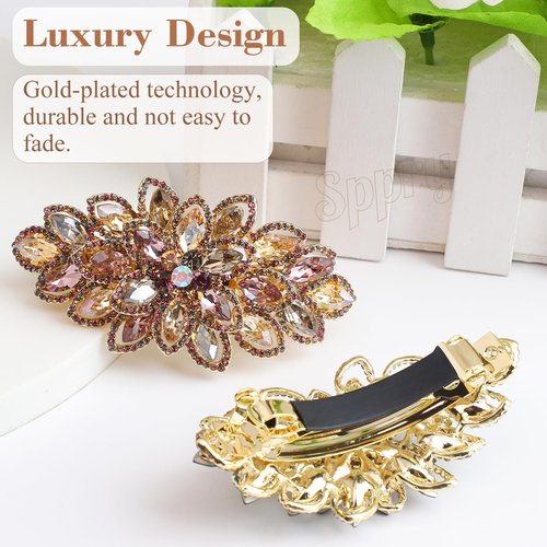 Sppry Luxury Gold-plated Rhinestone Hair Barrette for Women, Large Flower Jewelry Design (Colorful)