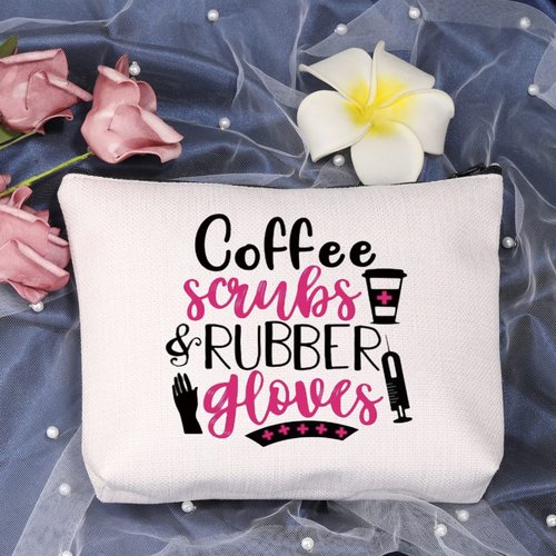 LEVLO Funny Nurse RN Gifts Nurse Appreciation Gift Coffee Scrubs and Rubber Gloves Makeup Bags Nurse Graduation Gift (Coffee Scrubs and Rubber Gloves)