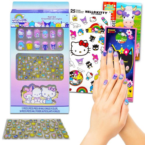 Hello Kitty Press-On Nails for Kids - Bundle with 12 Kitty Stick-On Nails Plus Nail Art Stickers, More
