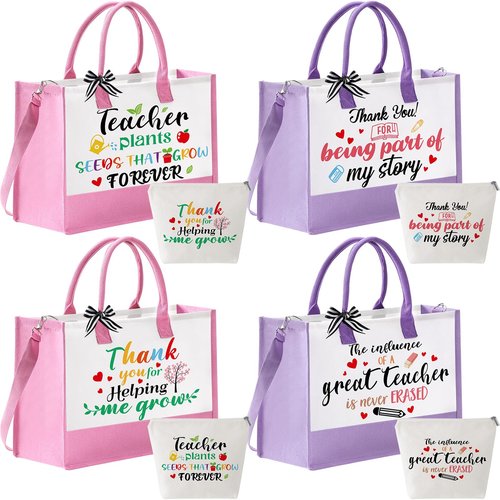 Hillban 4 Set Teacher Appreciation Valentines Gift Bulk Thank You Teacher Tote Bags Embroidery Inspirational Cosmetic Bag for Women (Pink,Purple)