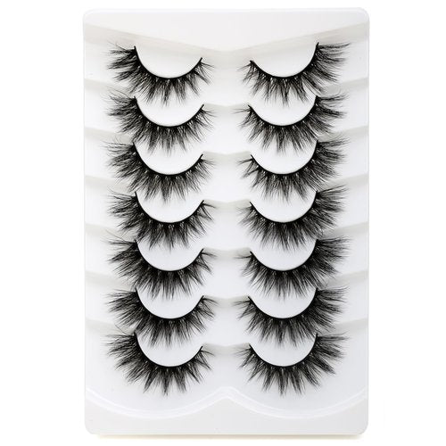 SHUYING False Eyelashes 16mm Faux Mink Lashes with Superfine Band Fluffy Cat Eye Strip Lashes Natural Look Soft Wispy Luxury Volume Fake Eyelash 7 Pairs Pack