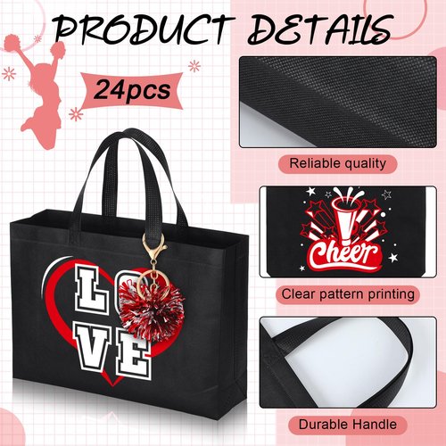 Landical 72 Pcs Red Cheerleading Gifts 24 Cheer Bags Portable 24 Pom Pom Keychain 24 Cheerleading Bracelet Canvas Makeup Bag Bulk Cheer Gifts Female Teammates Toiletries Accessories