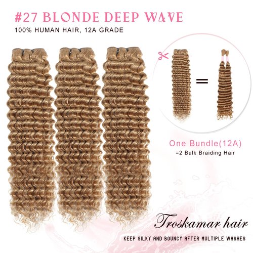 #27 Blonde Deep Wave Human Hair Bundles 20 Inch 12A Brazilian Human Hair Curly 1 Bundle Honey Blonde Wet and Wavy Bundles for Black Women