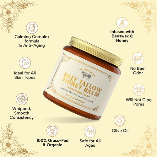 Dr. Miraculous 100% Grass-Fed Whipped Beef Tallow and Honey Balm for Skin, Moisturizer for Face & Body with Organic Beeswax & Organic Honey Balm, All Natural Formula, 4.23OZ (120G)
