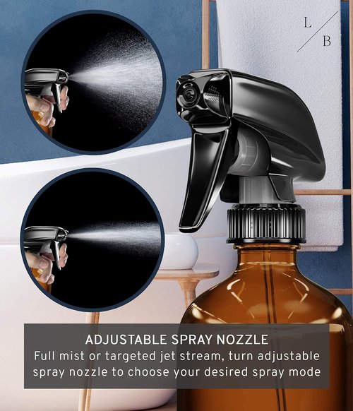 LiBa Amber Glass Spray Bottles - 16 oz Refillable Spray Bottles for Cleaning & Essential Oils | Adjustable Nozzle