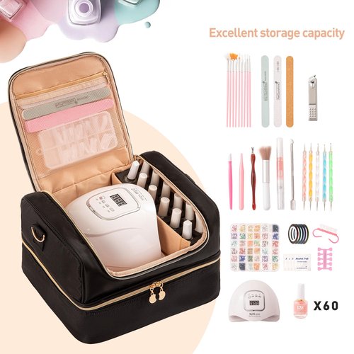 KGMCARE Nail Polish Organizer Case, Nail Supplies Storage Holds 60 Bottles Nail Polish & Nail Lamp Gel Nail Travel Carrying Bag for Nail Kit (Black)