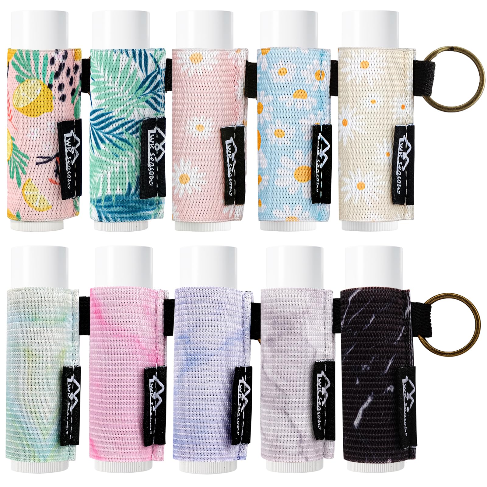 WK IEASON 10PCS Lip Balm Holder Keychain Bulk Lip Gloss Holder Key chain Lipstick Holder Lip Gloss Sleeve -Tight Elastic Holder Sleeve for Fat and Slim Lip Balms&Gloss and Lip Sticker(10pcs Floral A)