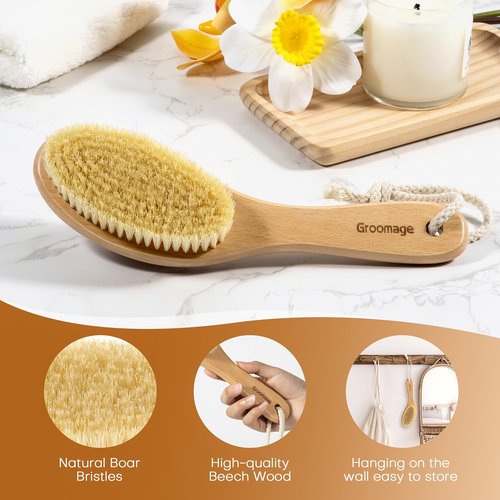 Groomage Dry Brush for Body, Natural Bristle Dry Exfoliating Body Brush for Skin Care, Cellulite, Lymphatic Drainage