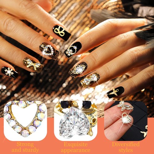 Lounsweer Gold Nail Charms and Gems Metal Crown Heart Butterfly Angel Luxury Crystal Diamonds Decor 3D Gold Rhinestones Shiny for Acrylic Nails Art Alloy Women Art Design DIY