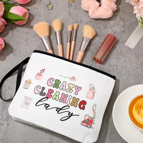 Clysee Housekeeping Week Gifts Housekeeper Appreciation Gifts Supplies Cleaning Bags for Housekeepers Custodian Cleaning Makeup Bag Cosmetic Pouch Canvas Tote Bag(2 Pcs,White)