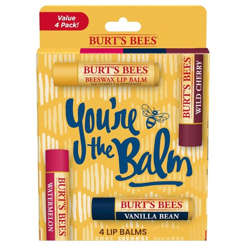 Burt's Bees Lip Balm Pack - Natural Beeswax Treatment with Wild Cherry, Watermelon & Vanilla Bean | 4 Tubes, 0.15 oz
