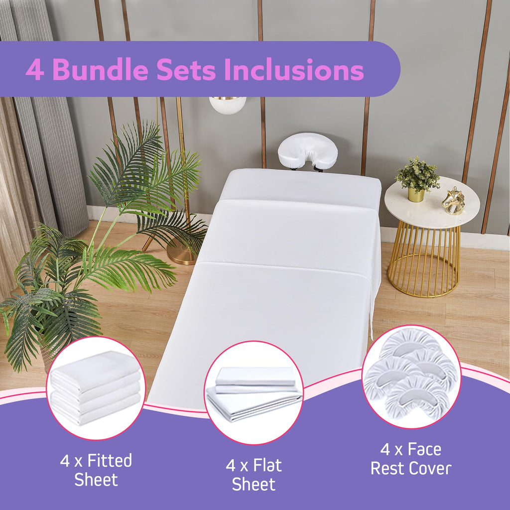XOLLOZ Massage Table Sheets Set – 3 Piece 4 Set, Microfiber Spa Bed Sheets, Cotton-Feel Massage Bed Cover, Wrinkle & Oil Resistant, Soft Accessories for Estheticians – White