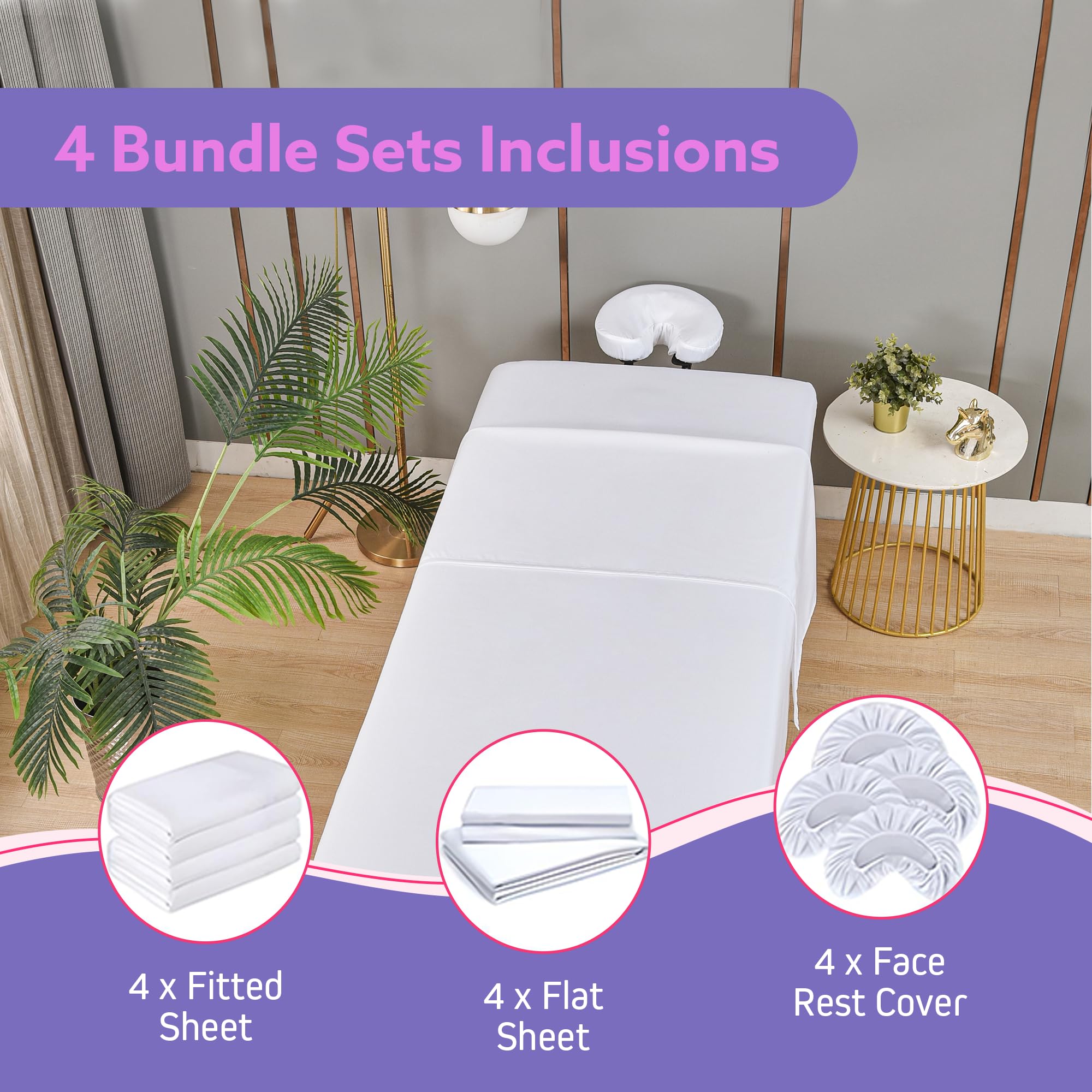 XOLLOZ Massage Table Sheets Set – 3 Piece 4 Set, Microfiber Spa Bed Sheets, Cotton-Feel Massage Bed Cover, Wrinkle & Oil Resistant, Soft Accessories for Estheticians – White