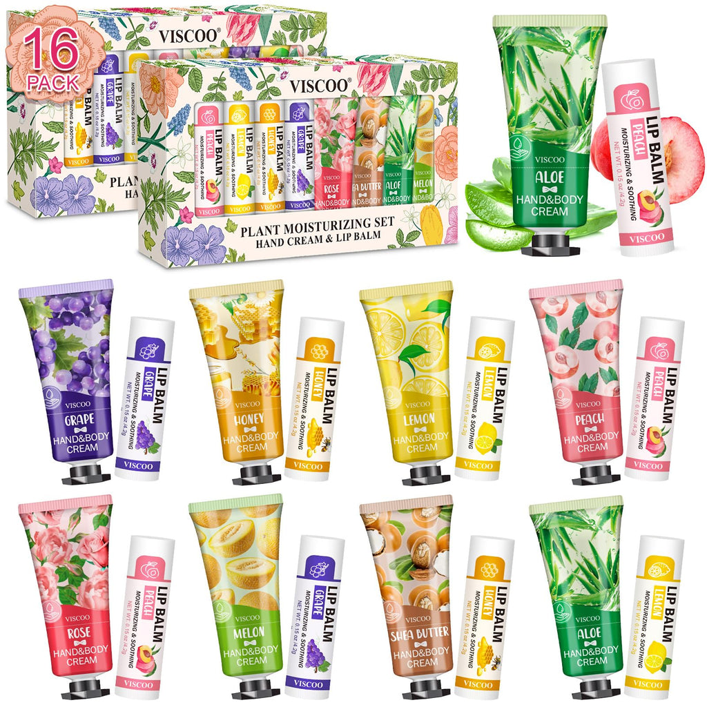 VISCOO 16 Pack Bulk Lip Balm and Hand Cream Set, Easter Basket Stuffers for Her, Thank You Bridal Wedding Favors for Guests, Mothers Day Gifts, Teacher Appreciation Gift and Nurse Gift