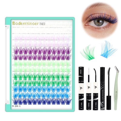BODERMINCER Lash Clusters Kit 10-12-14-16mm Mixed Natural D Curl Fairy Lashes Pre-glue Lash Extension Kit Bond and Seal Kit For Self Use DIY at Home (Lash KIT M02# Colorful 14MM)