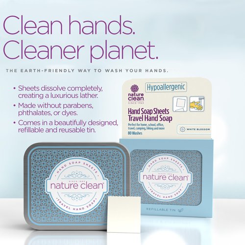 Nature Clean travel hand soap sheets for traveling - non-toxic, hypoallergenic, mini biodegradable paper soap sheets for travel, dissolvable portable soap for camping essentials refill - 80 units