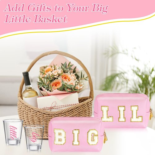 Shinylin 2 Set Big Little Sorority Gifts Includes Clear Sorority Big Little Shot Glass PU Leather Preppy Cosmetic Bag 2oz Tequila Mini Glass Cup Letter Makeup Pouch for Women Sister(Cute)