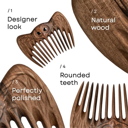 Handmade Wooden Hair Comb for Women Eco-Friendly Natural Wood Detangling Comb Gentle on Hair and Scalp Perfect for Thick Curly or Fine Hair Sustainable Beauty Hair Care Tool (Walnut Owl)