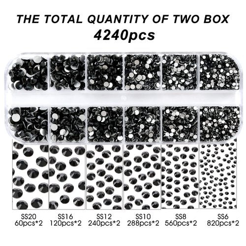 4240Pcs Flatback Black Rhinestones Glass Crystal Gemstones for Nail Art Eye Jewels Makeup Round with Tweezers and Picking Pen (SS6~SS20 Set)