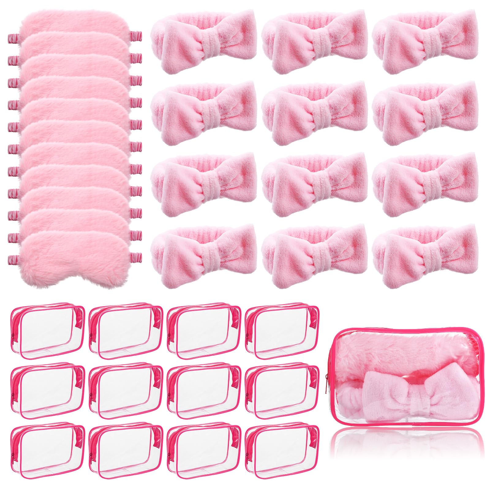 Yuanan 36 Pcs Spa Headband for Women, Makeup Cosmetic Headband for Women 12 Spa Headbands Plush Sleep Eye Mask 12 Clear Cosmetic Bags Sleepover Party Supplies for Girls Christmas Spas Party Favors