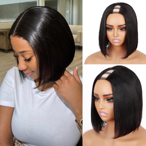 Orientfashion U Part Wig Human Hair 12A Straight Bobo Wig Human Hair Glueless U Part Wig with Clip 180% Density Half Wigs for Women Beginner Friendly No Sew In No Glue (BoB Straight 1B, 8inch)