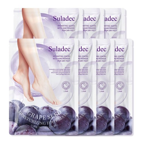 SULADEC Moisturizing Foot Mask with Grape Seed Oil and Shea Butter, Hydrating Foot Masks for Dry Cracked Feet, Dry Skin Moisturizer for Soft and Smooth Touch Feet - Men Women - 7 Pairs