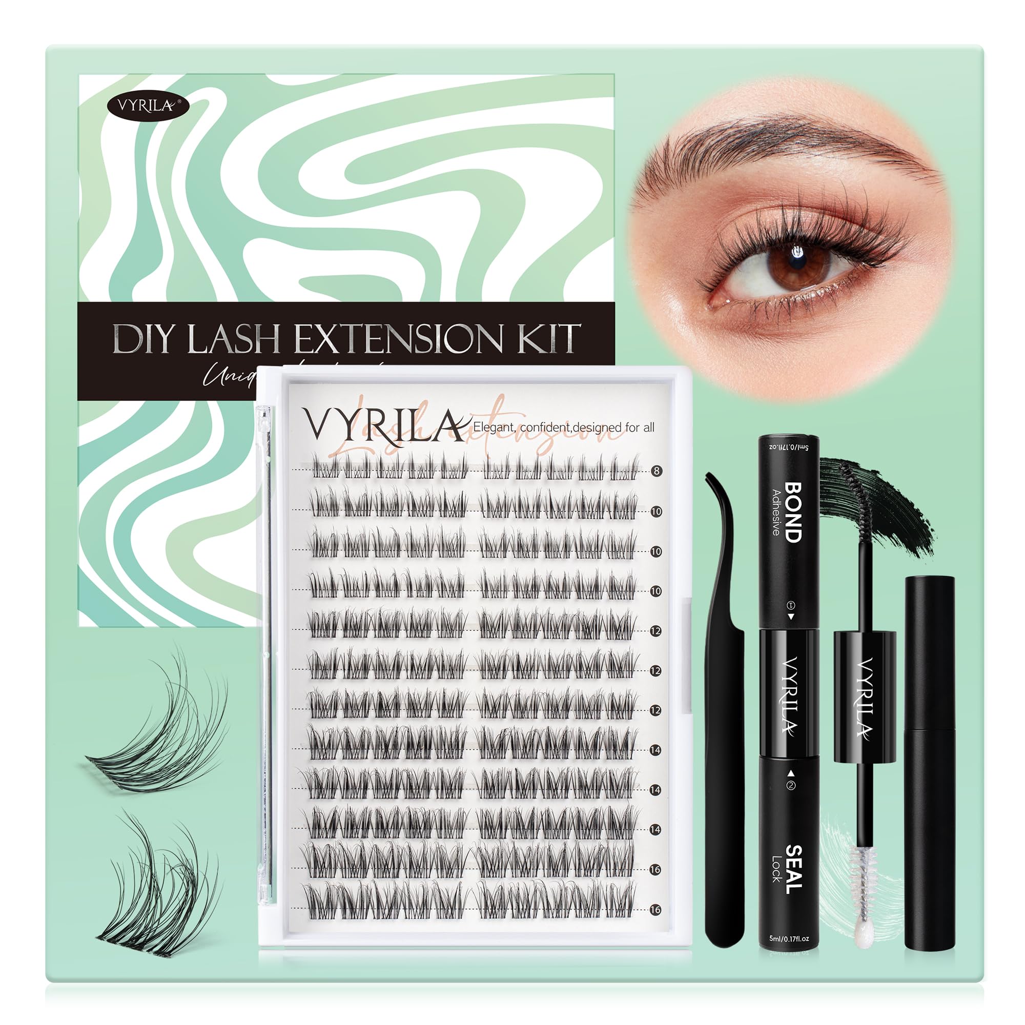 VYRILA Lash Clusters Kit 0.05mm Individual Lashes, 3D Wispy Lashes, 0.1mm Super Thin Band Resuable Natural Lashes,D Curl Faux Mink Lashes,120pcs Lash Extension (Green Charm-D-0.05-8-16mix-Kit)