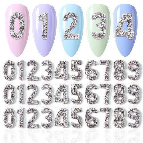 SILPECWEE 30pcs Number Nail Charms Silver Nail Jewelry Number for Nails 3D Nail Art Charms Nail Rhinestones Nail Studs Nail Decoration for Acrylic Nails Manicure DIY Craft