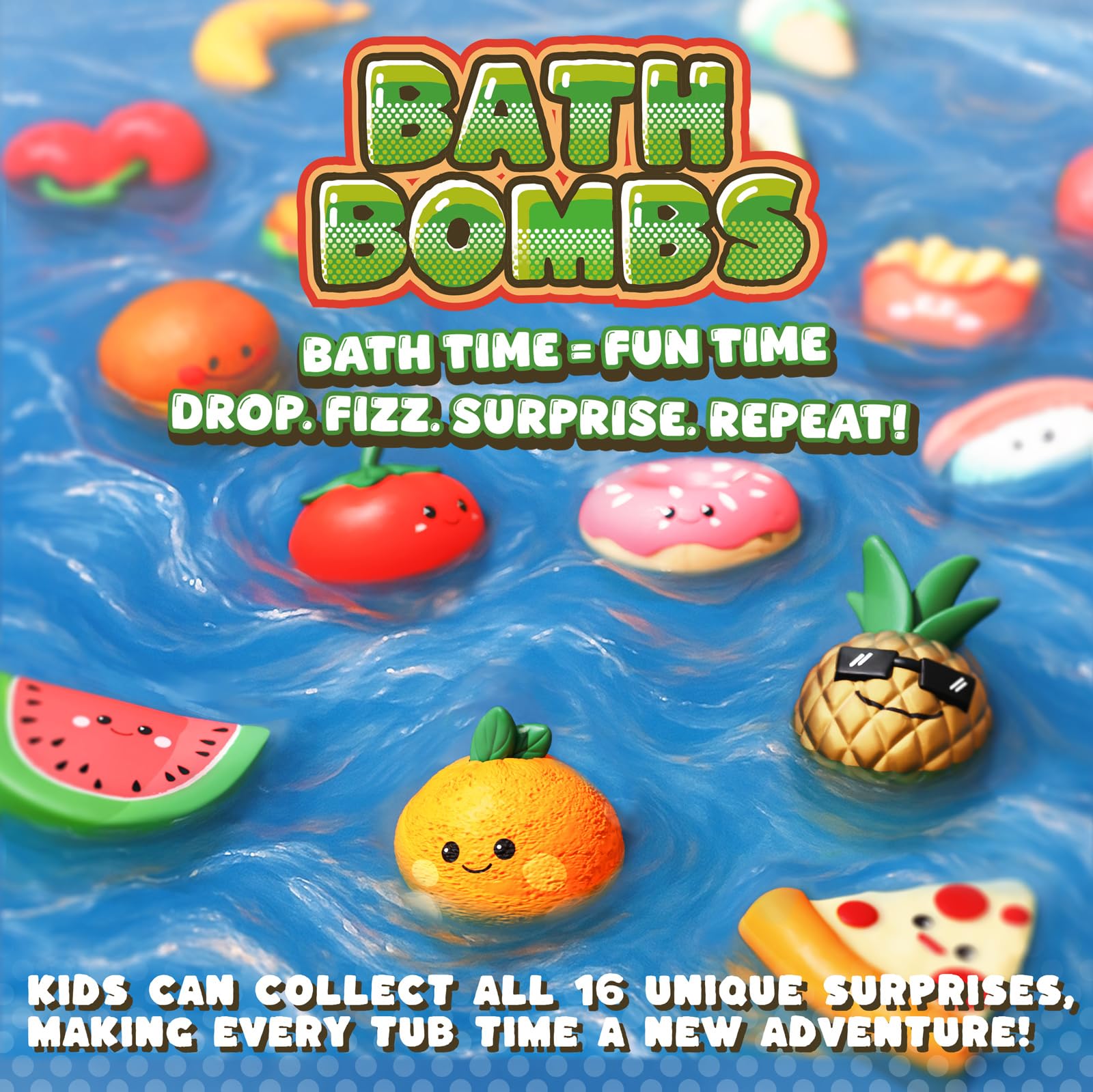 Zippytots Kids Bath Bombs with Food Toys Inside, 16 Pack Colorful Surprise Bath Fizzies Set, Organic Fizzy Bubble Bath Bombs for Girls & Boys, Ages 3+