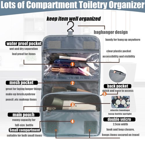 L&FY Hanging Travel Toiletry Bag Women's Cosmetic Organizer Makeup Pouch Men's Dopp Kits With Handle (Grey For Man)