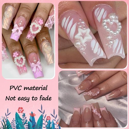 Lifextol 1000pc Pink Bow Nail Charms and Gems 3D Flower Nail Charms for Nails Design Press on Nails Art Charms, Resin Junk Case Charms Bulk Acrylic Pearl Nail Charms Heart for Fake Nails Supplies-D