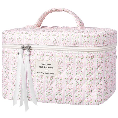 senbowe Large Quilted Makeup Bag, Cotton Floral Cosmetic Bag for Women, Cute Coquette Aesthetic Makeup Bag Toiletry Bag, Travel Make Up Organizer Bag with Zipper and Ribbon (Pink-green Floral)
