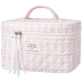 senbowe Large Quilted Makeup Bag, Cotton Floral Cosmetic Bag for Women, Cute Coquette Aesthetic Makeup Bag Toiletry Bag, Travel Make Up Organizer Bag with Zipper and Ribbon (Pink-green Floral)