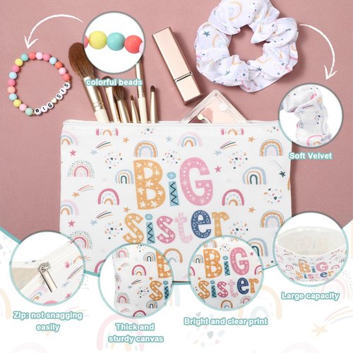 Sieral 4 Pcs Big Sister Gifts for Girls Cute Big Sister Makeup Bag 14oz Stainless Steel Tumbler Scrunchies Bracelet for Little Girls of Age 2-8 New Baby Birthday Baby Shower (Rainbow, Multicolor)