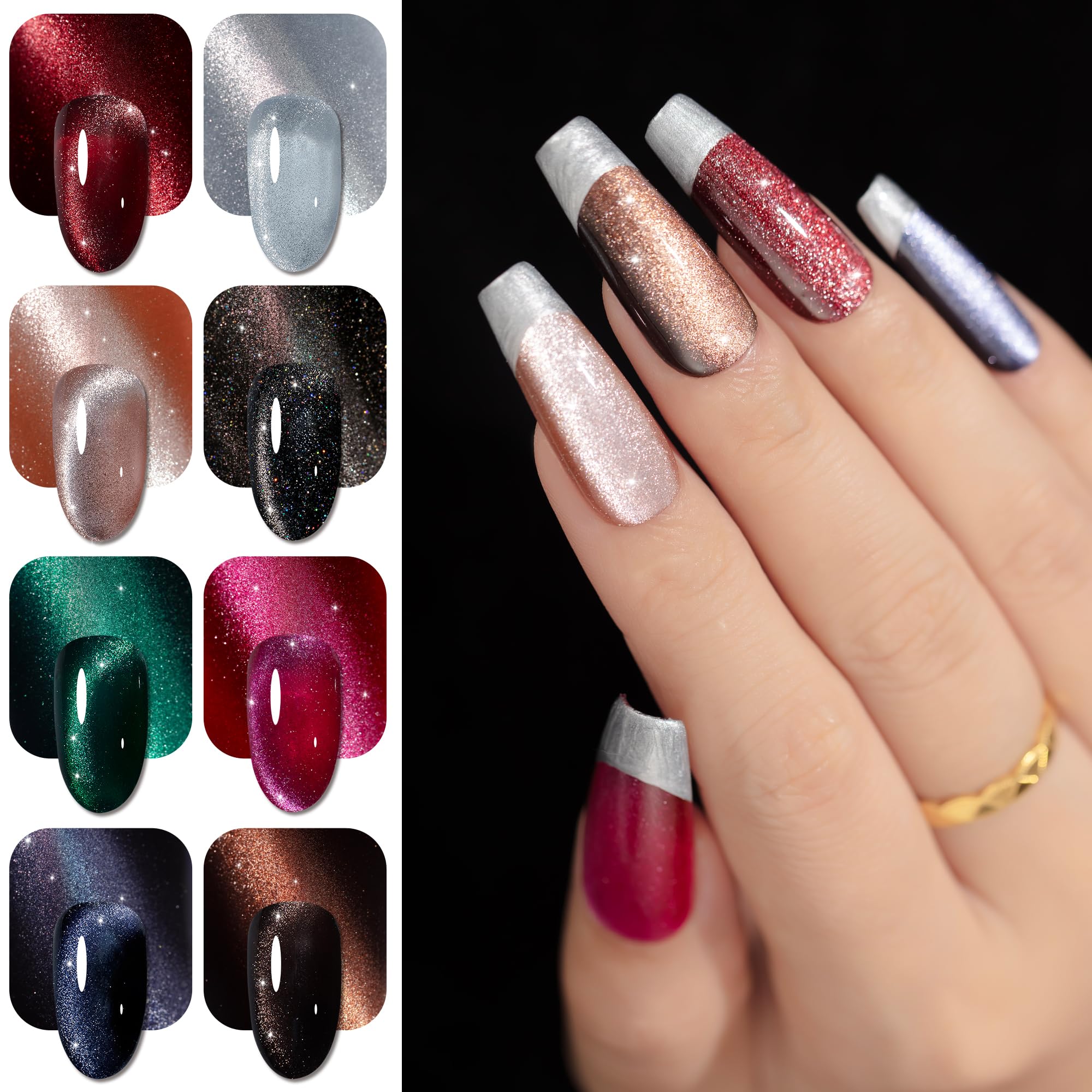 YTD Likomey Cat Eye Gel Nail Polish Set,Fall Winter 8 Colors Crystal Magnetic Glitter with Magnet Stick Kit,Silver Green Blue Black Champagne Gold Brown Plum UV Color Varnish,0.25 Fl Oz 7.5 ml