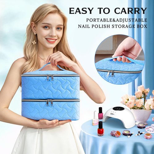 DreamGenius Nail Polish Organizer Case Holds 42 Bottles, Portable Double-Layer Nail Polish Storage Bag with Adjustable Dividers for Manicure Tools, Light Blue