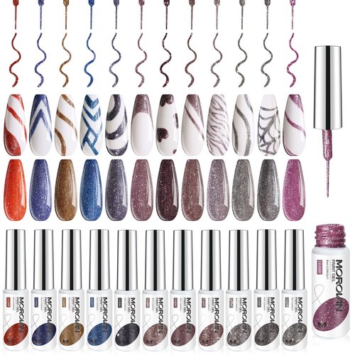 Morovan Gel Liner Nail Polish Set - 12 Popular Glitter Colors: Silver, Brown, Purple, Red - Art Liner for French Tip & Swirl Design